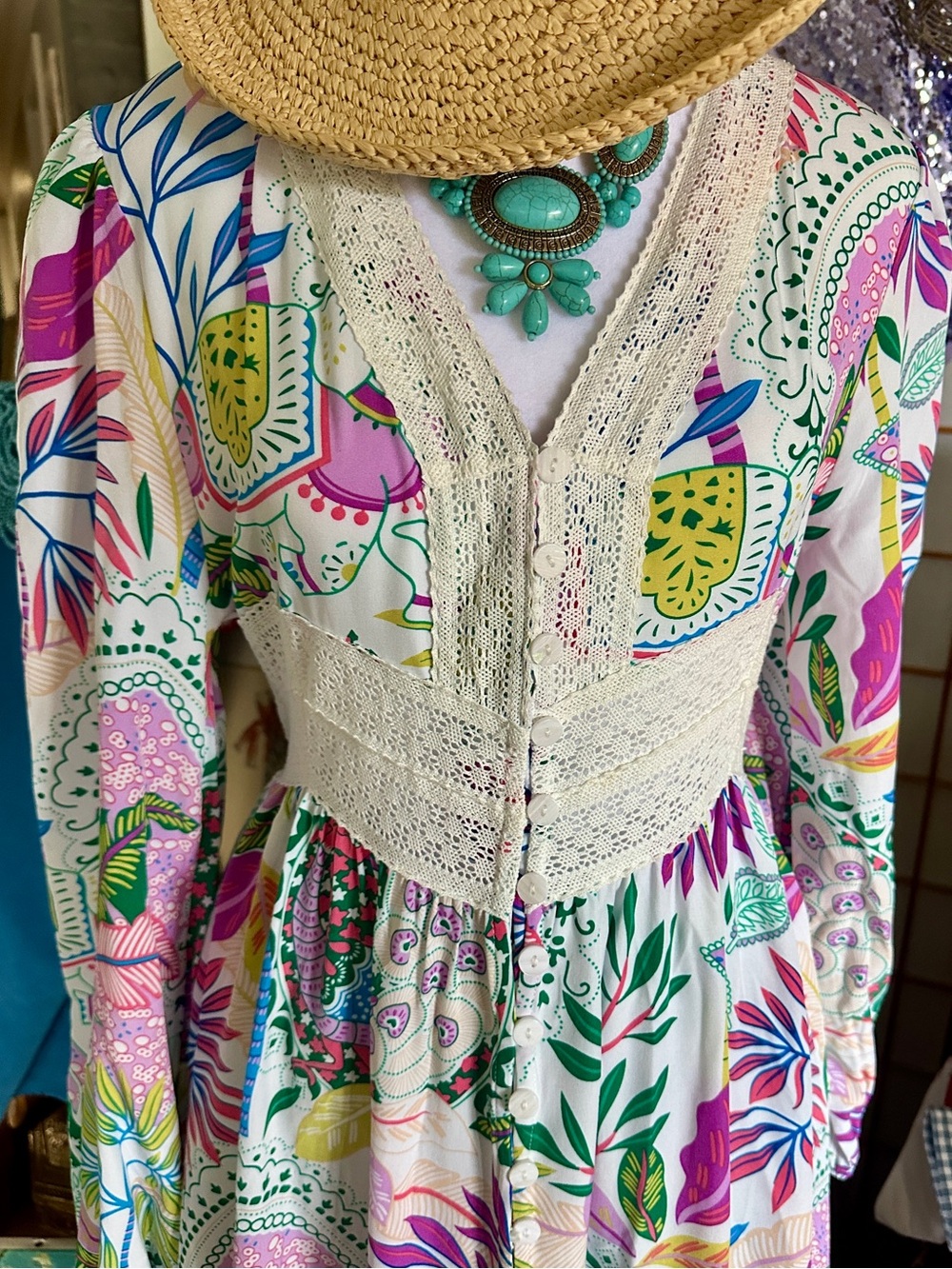 Vacasun Boho Floral Lace-Trim w/Elephants Maxi Dress • Size M • NWT - Picture 2 of 11